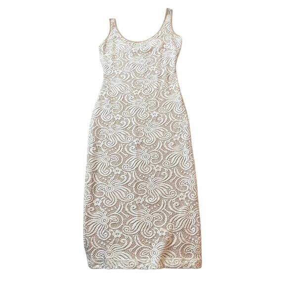 BEBE Tan White Lace‎ Overlay XS Extra Small Bodycon Tank Dress Wedding Bridal - Picture 1 of 3